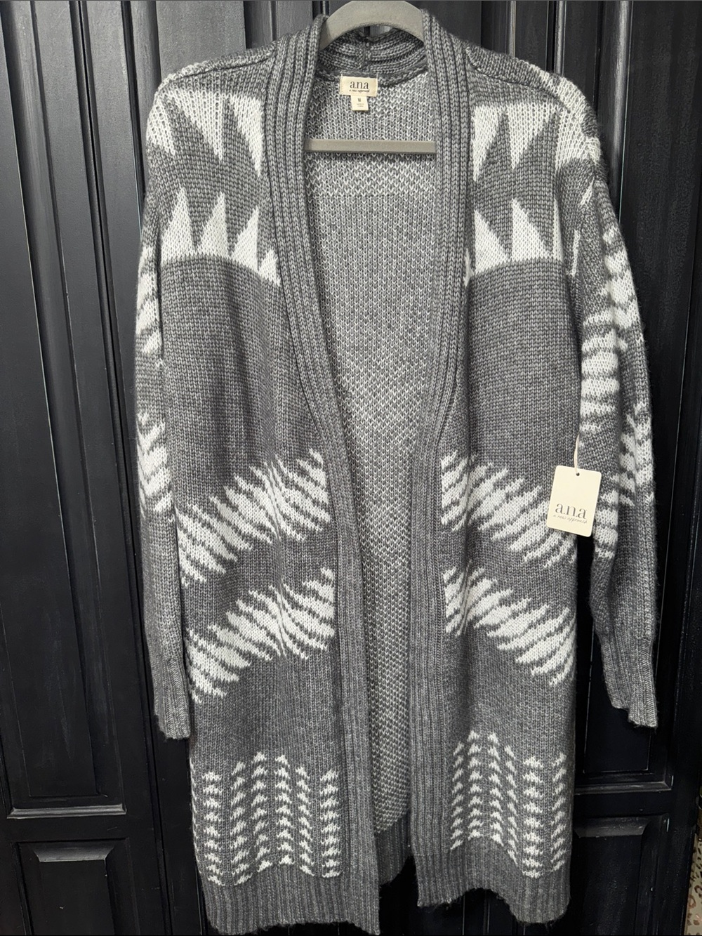 NWT a.n.a Gray and White Open-Front Geometric Knit Long Cardigan - M